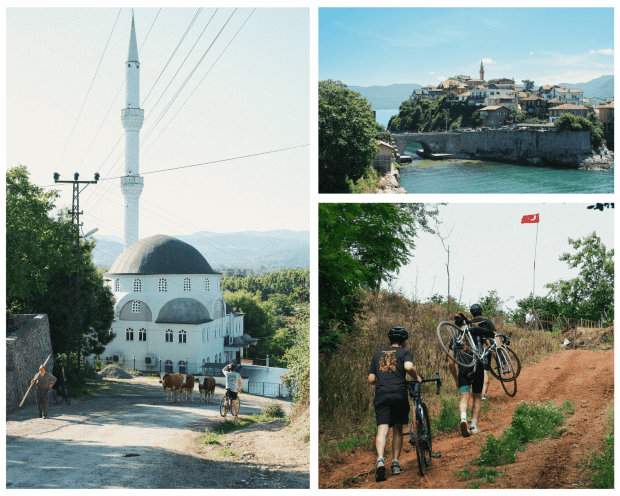 carte postale voyage vélo avec trois photos du Nord de la Turquie