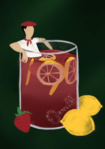 illustration couleur fêtes de bayonne avec un festayre dans un grand verre de sangria